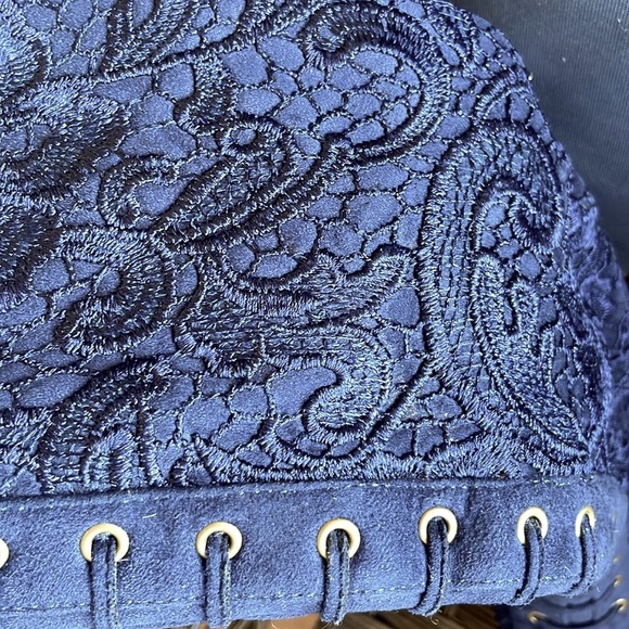 Anika Navy Blue Suede and Lace Stiletto Boots Lace Up Front Detail Side Full Zip - Picture 14 of 14